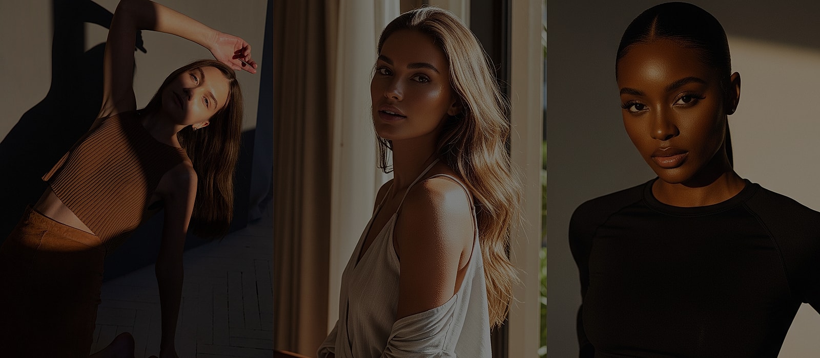 Three women posing in stylish outfits.