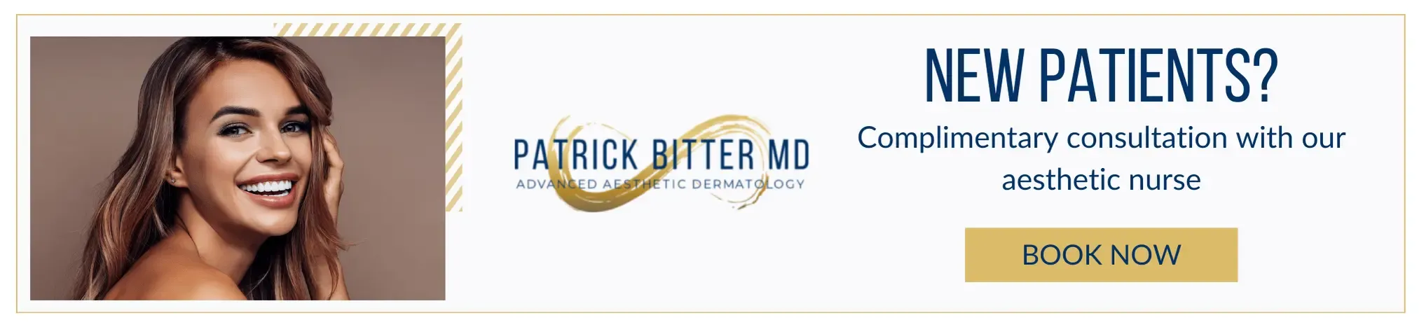 Aesthetic consultation advertisement with smiling woman.