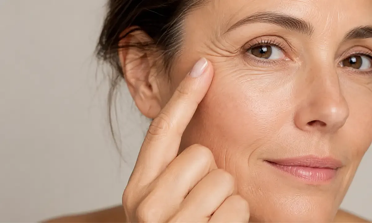 Woman examining her skin for aging signs.