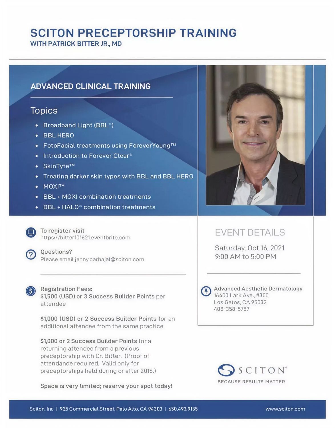 Sciton preceptorship training event information poster.