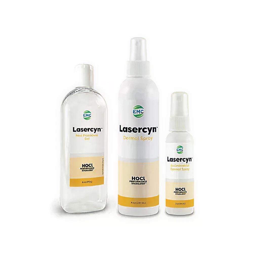 Lasercyn skin care products in three bottles.