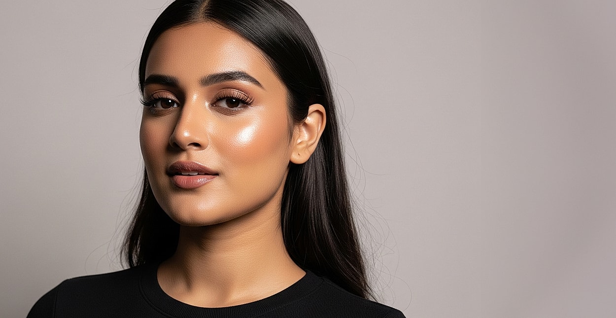 Portrait of a woman with glowing skin.