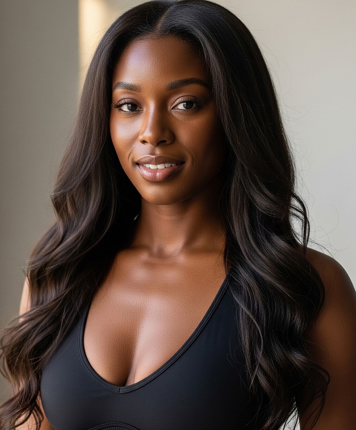 Smiling woman with long, wavy black hair.