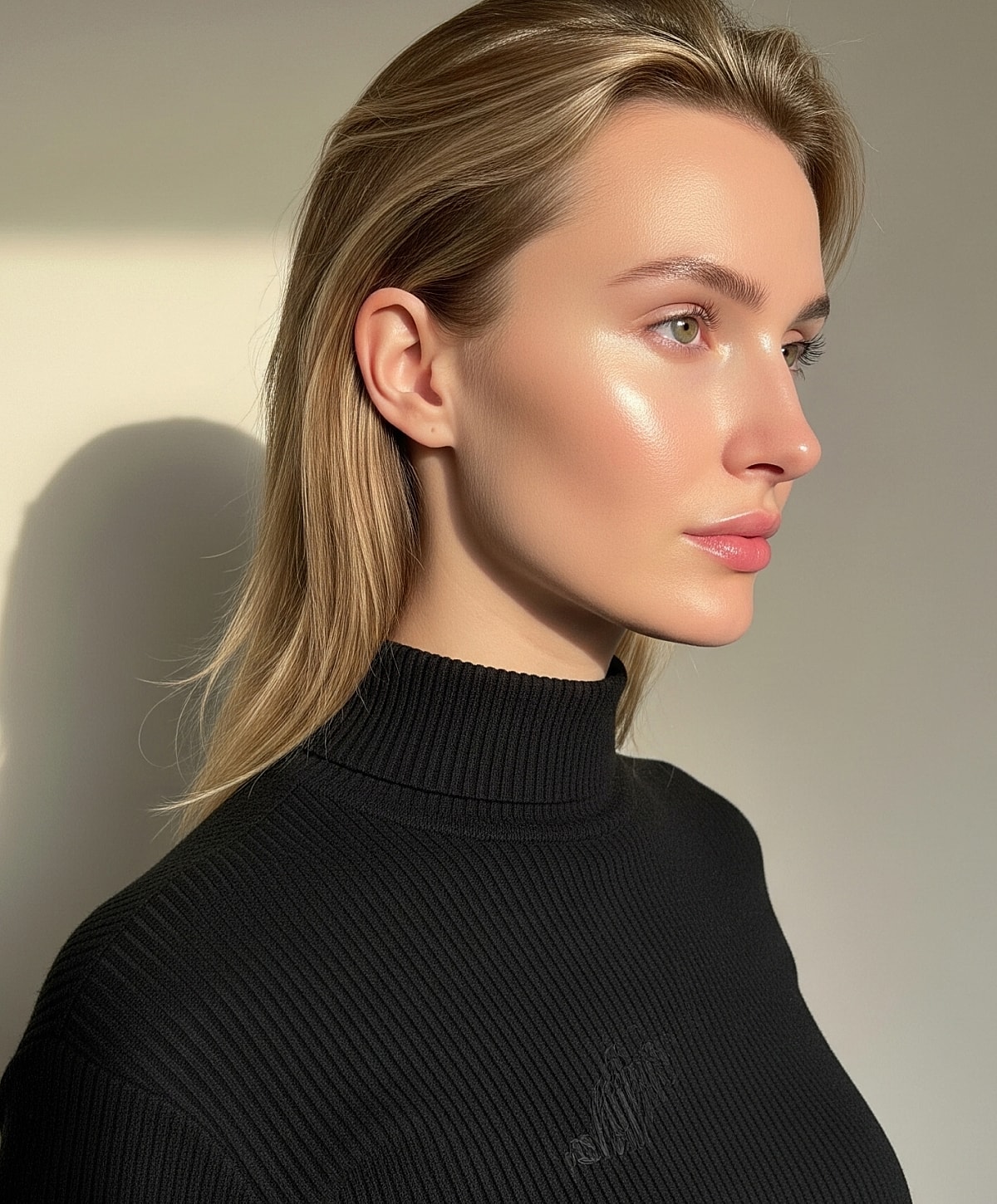 Profile of a woman in a black turtleneck.