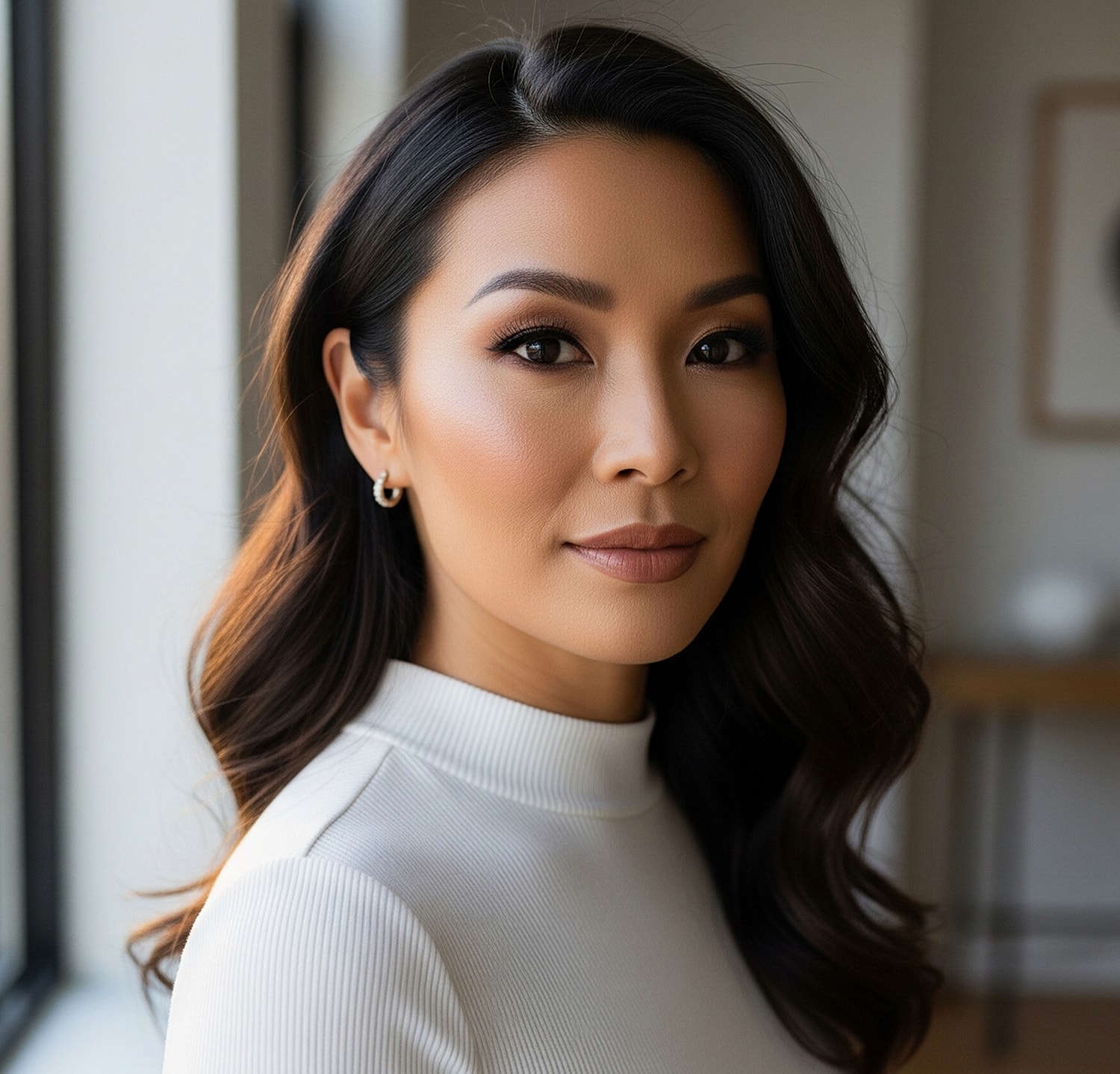 Thoughtful woman with elegant earrings posing outdoors.