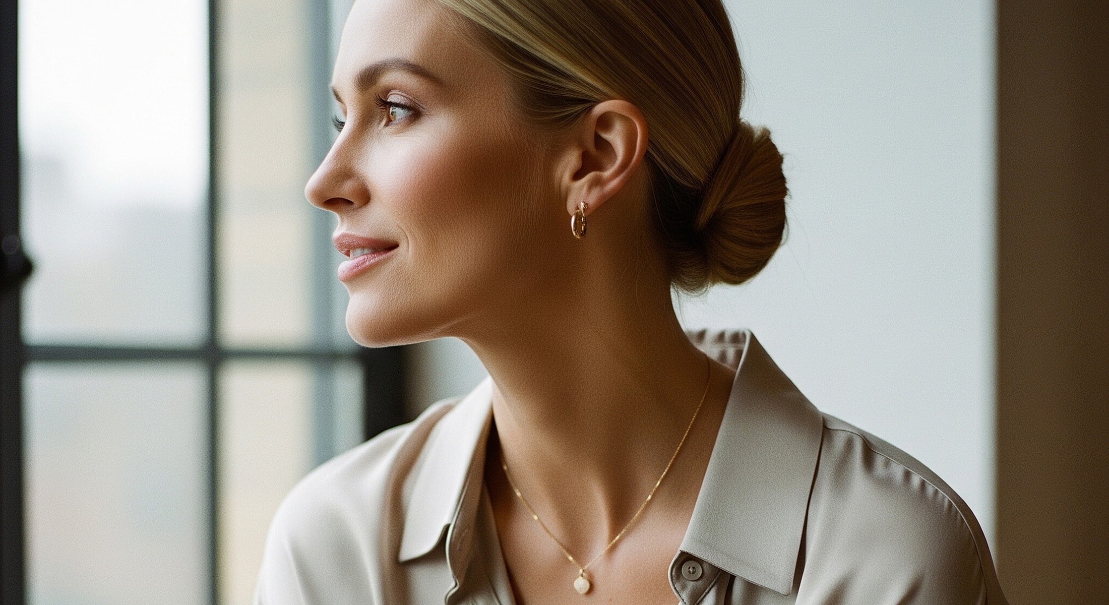 Woman in pink blazer, serious expression, seated.
